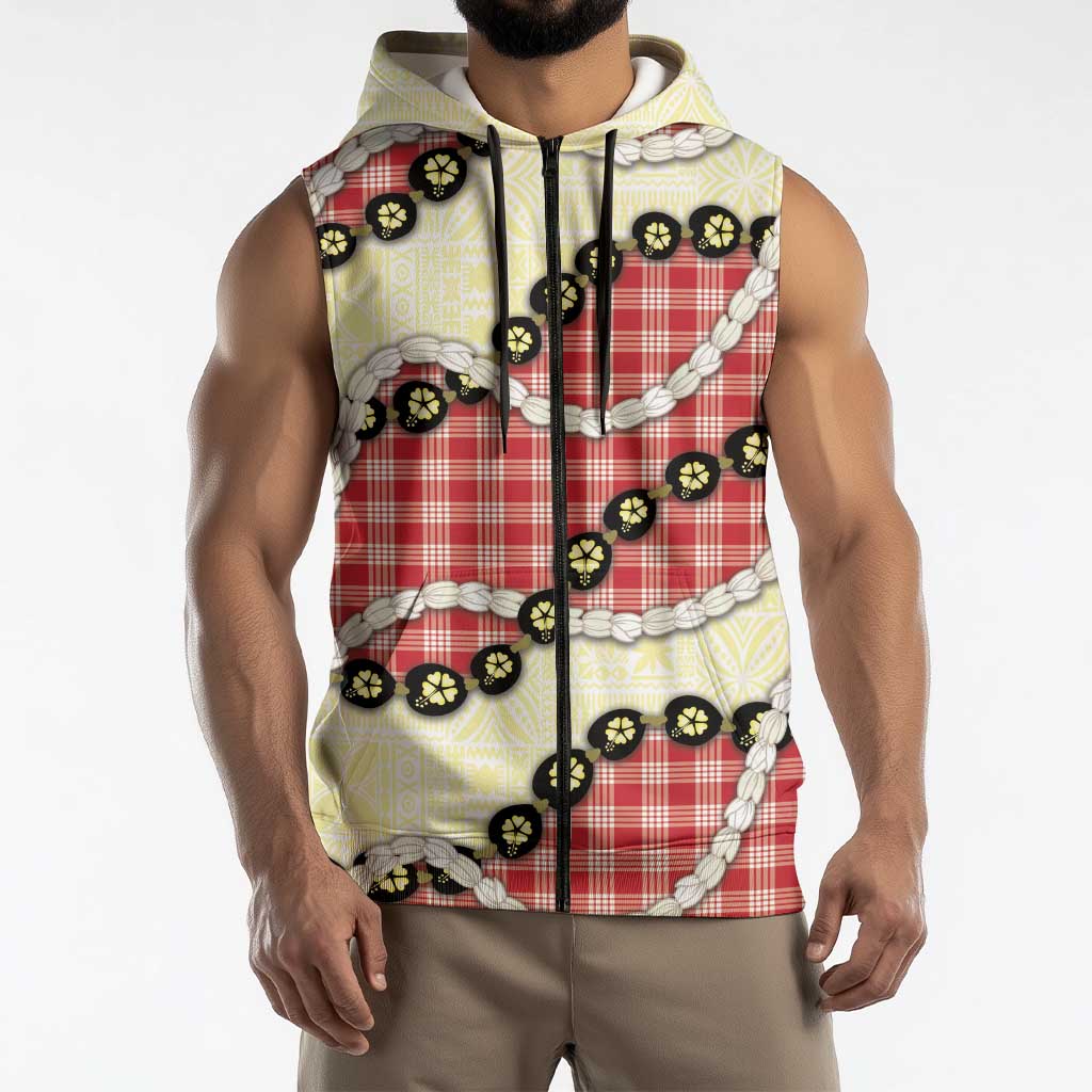 Red Palaka Hawaii Sleeveless Zip Hoodie Kukui Nut Pikake Lei Hawaiian Tapa Pattern - Polynesian Pride