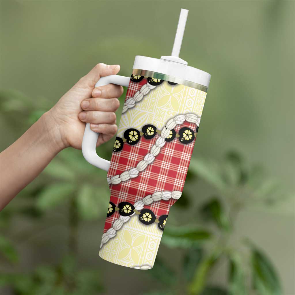 Red Palaka Hawaii Tumbler With Handle Kukui Nut Pikake Lei Hawaiian Tapa Pattern - Polynesian Pride