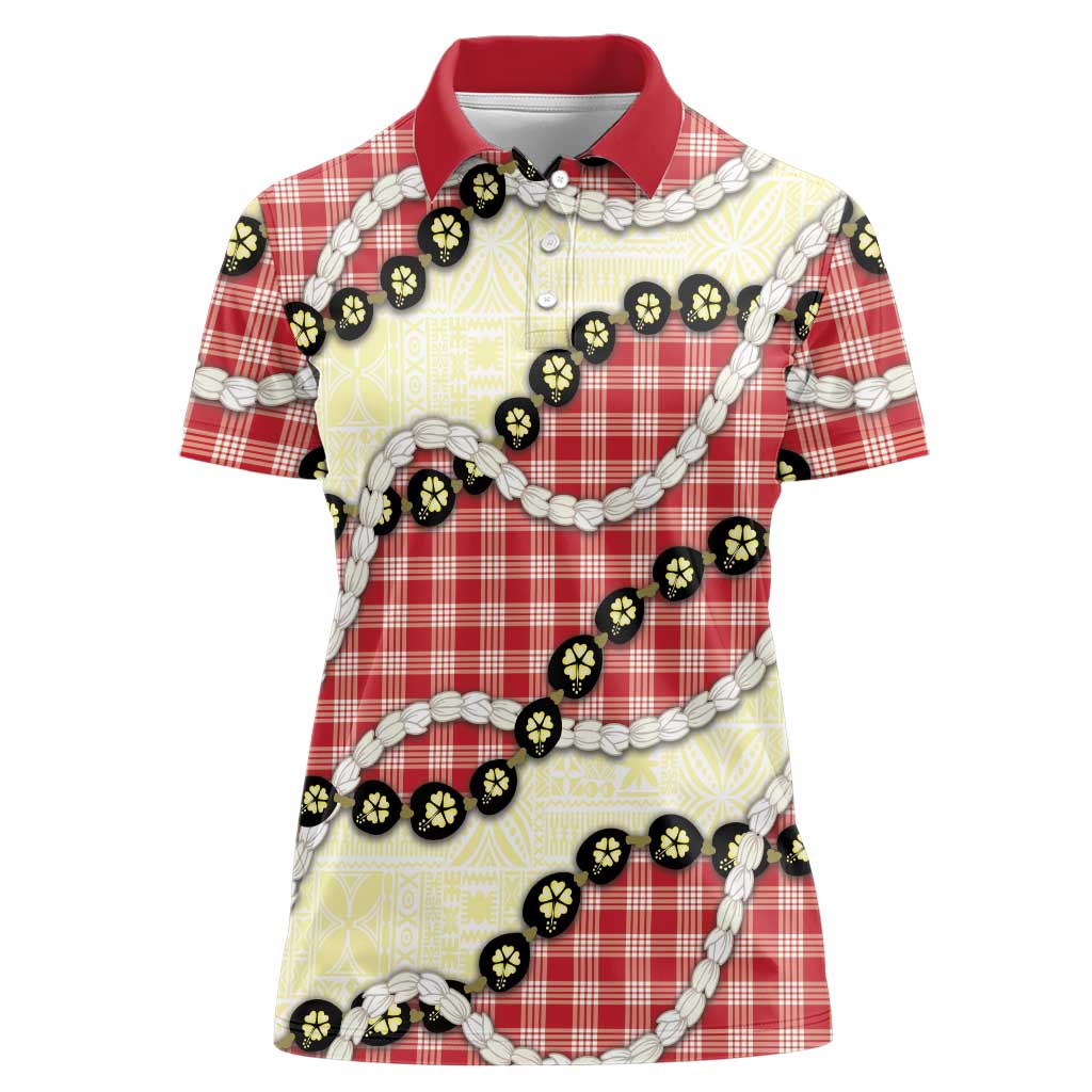 Red Palaka Hawaii Women Polo Shirt Kukui Nut Pikake Lei Hawaiian Tapa Pattern - Polynesian Pride