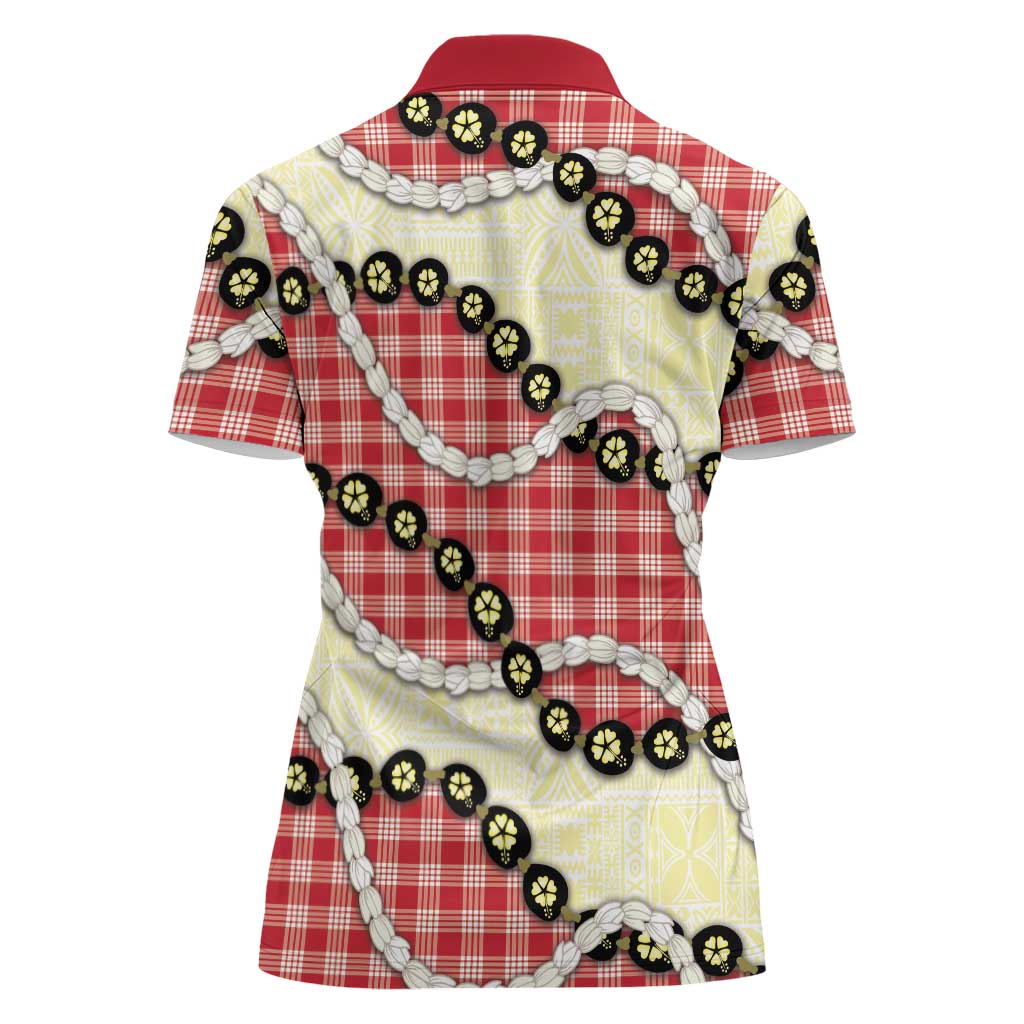 Red Palaka Hawaii Women Polo Shirt Kukui Nut Pikake Lei Hawaiian Tapa Pattern - Polynesian Pride