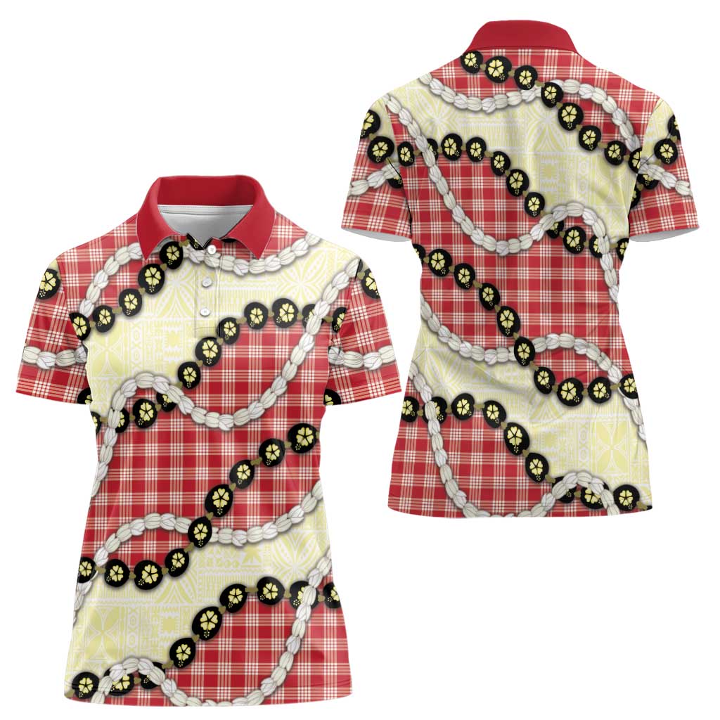 Red Palaka Hawaii Women Polo Shirt Kukui Nut Pikake Lei Hawaiian Tapa Pattern - Polynesian Pride