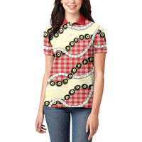 Red Palaka Hawaii Women Polo Shirt Kukui Nut Pikake Lei Hawaiian Tapa Pattern - Polynesian Pride