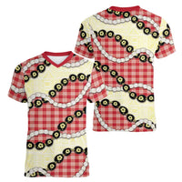 Red Palaka Hawaii Women V-Neck T-Shirt Kukui Nut Pikake Lei Hawaiian Tapa Pattern - Polynesian Pride