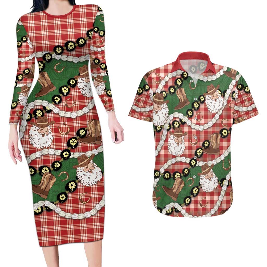 Cowboy Hawaii Mele Kalikimaka Couples Matching Long Sleeve Bodycon Dress and Hawaiian Shirt Paniolo Kukui Nut Pikake Lei Red Version - Polynesian Pride