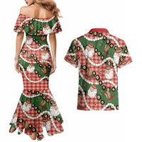 Cowboy Hawaii Mele Kalikimaka Couples Matching Mermaid Dress and Hawaiian Shirt Paniolo Kukui Nut Pikake Lei Red Version LT14 - Polynesian Pride