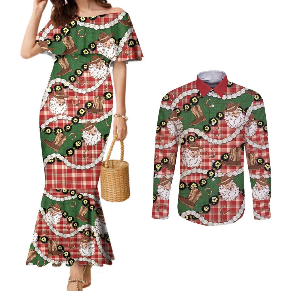 Cowboy Hawaii Mele Kalikimaka Couples Matching Mermaid Dress and Long Sleeve Button Shirt Paniolo Kukui Nut Pikake Lei Red Version LT14 Red - Polynesian Pride