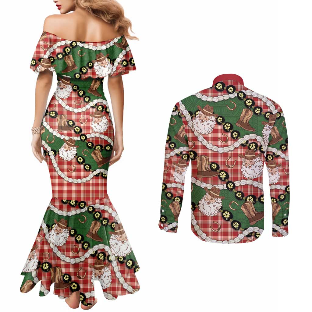 Cowboy Hawaii Mele Kalikimaka Couples Matching Mermaid Dress and Long Sleeve Button Shirt Paniolo Kukui Nut Pikake Lei Red Version LT14 - Polynesian Pride