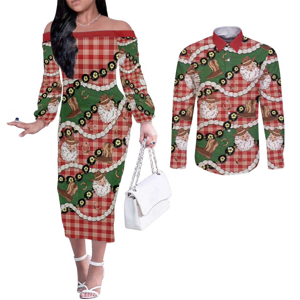 Cowboy Hawaii Mele Kalikimaka Couples Matching Off The Shoulder Long Sleeve Dress and Long Sleeve Button Shirt Paniolo Kukui Nut Pikake Lei Red Version LT14 Red - Polynesian Pride