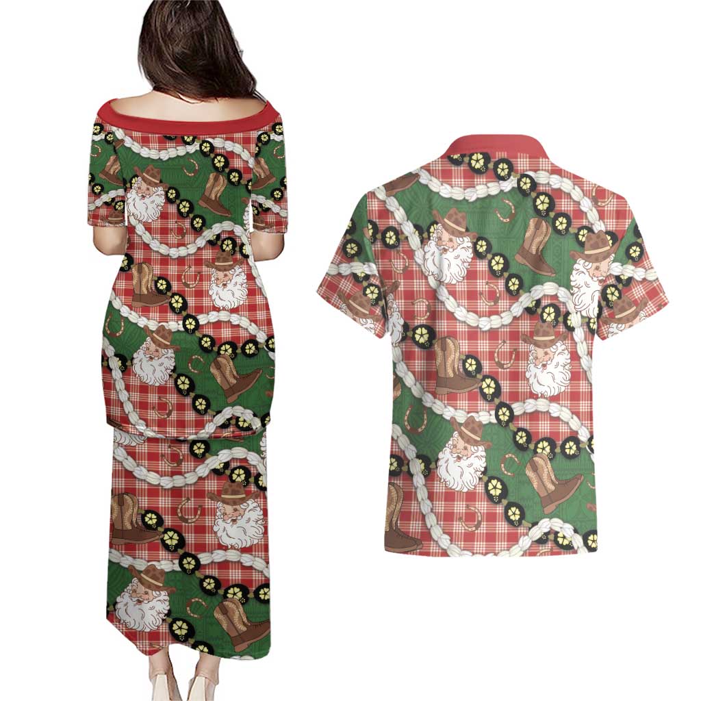 Cowboy Hawaii Mele Kalikimaka Couples Matching Puletasi and Hawaiian Shirt Paniolo Kukui Nut Pikake Lei Red Version - Polynesian Pride