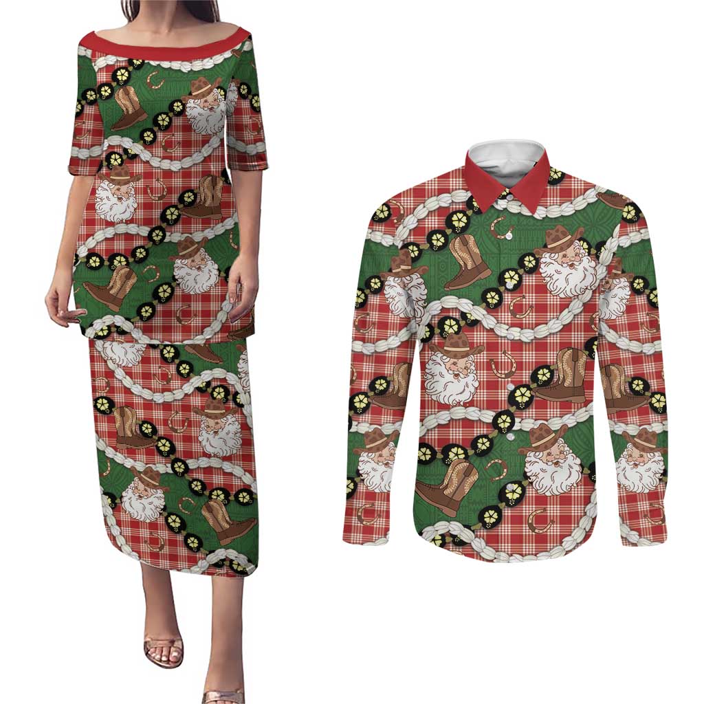 Cowboy Hawaii Mele Kalikimaka Couples Matching Puletasi and Long Sleeve Button Shirt Paniolo Kukui Nut Pikake Lei Red Version - Polynesian Pride