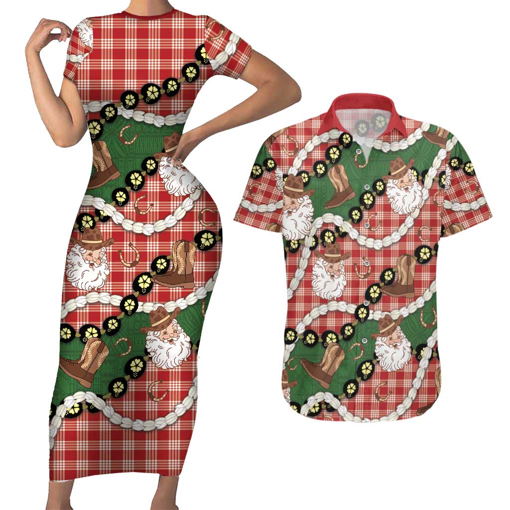 Cowboy Hawaii Mele Kalikimaka Couples Matching Short Sleeve Bodycon Dress and Hawaiian Shirt Paniolo Kukui Nut Pikake Lei Red Version LT14 Red - Polynesian Pride