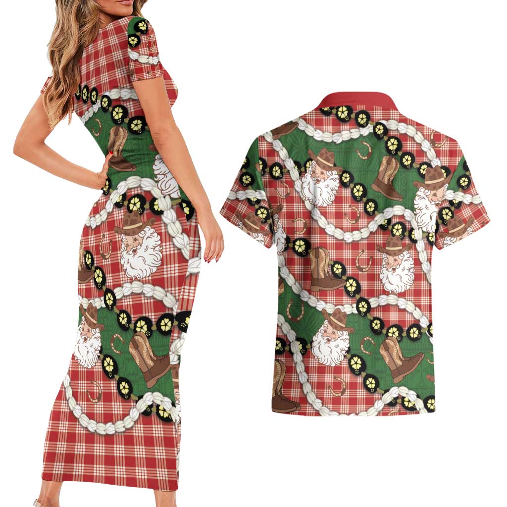 Cowboy Hawaii Mele Kalikimaka Couples Matching Short Sleeve Bodycon Dress and Hawaiian Shirt Paniolo Kukui Nut Pikake Lei Red Version LT14 - Polynesian Pride