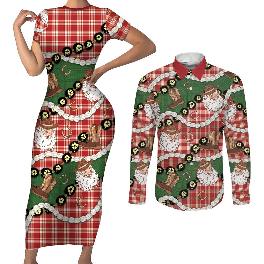 Cowboy Hawaii Mele Kalikimaka Couples Matching Short Sleeve Bodycon Dress and Long Sleeve Button Shirt Paniolo Kukui Nut Pikake Lei Red Version - Polynesian Pride