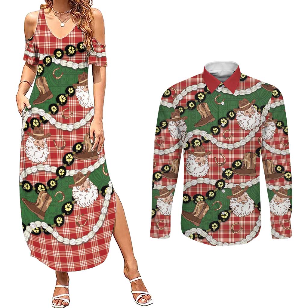 Cowboy Hawaii Mele Kalikimaka Couples Matching Summer Maxi Dress and Long Sleeve Button Shirt Paniolo Kukui Nut Pikake Lei Red Version - Polynesian Pride