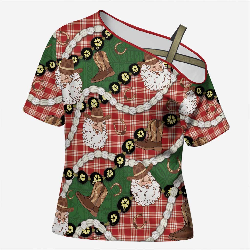 Cowboy Hawaii Mele Kalikimaka Cross Shoulder Shirt Paniolo Kukui Nut Pikake Lei Red Version - Polynesian Pride