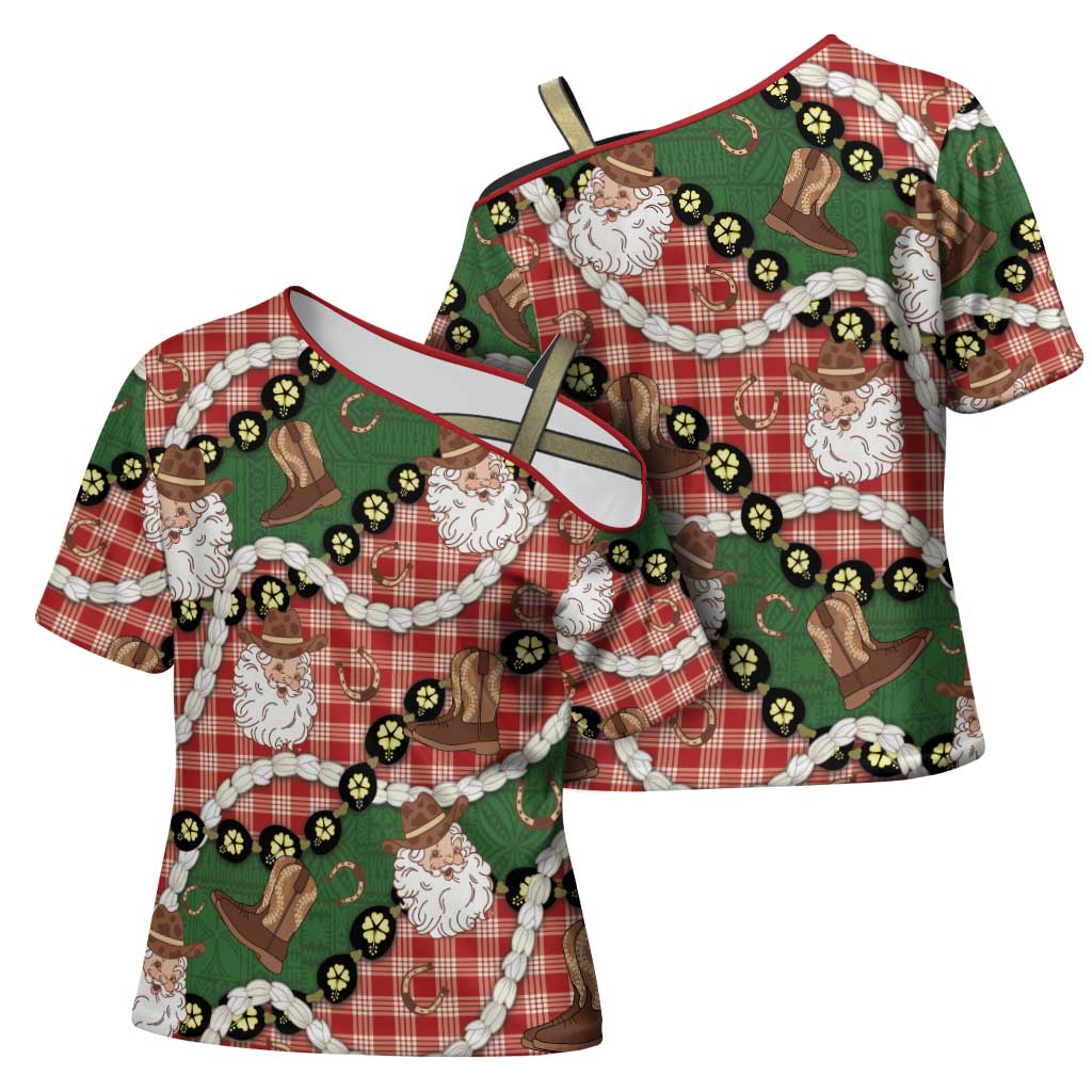 Cowboy Hawaii Mele Kalikimaka Cross Shoulder Shirt Paniolo Kukui Nut Pikake Lei Red Version - Polynesian Pride