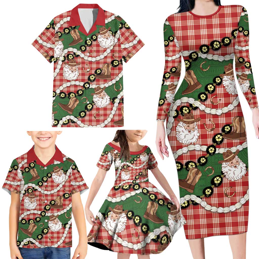 Cowboy Hawaii Mele Kalikimaka Family Matching Long Sleeve Bodycon Dress and Hawaiian Shirt Paniolo Kukui Nut Pikake Lei Red Version LT14 - Polynesian Pride