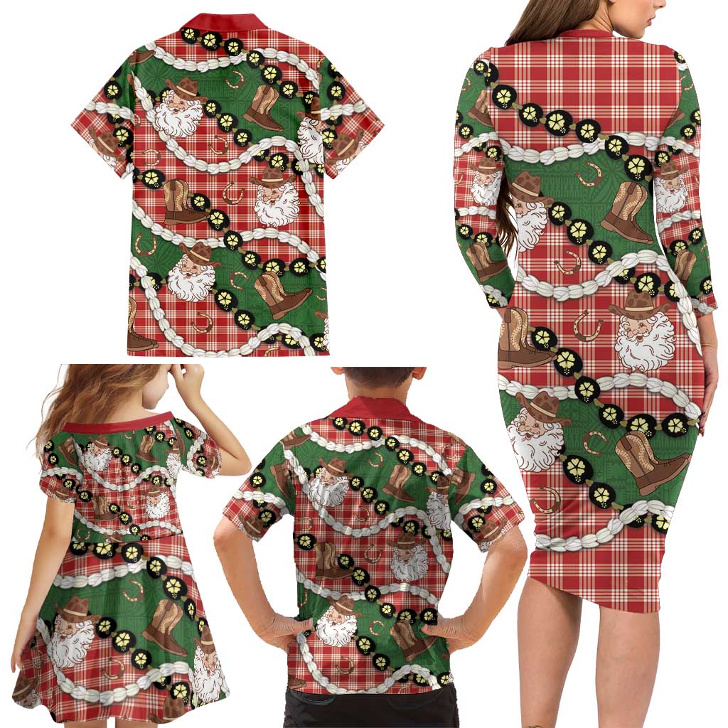 Cowboy Hawaii Mele Kalikimaka Family Matching Long Sleeve Bodycon Dress and Hawaiian Shirt Paniolo Kukui Nut Pikake Lei Red Version LT14 - Polynesian Pride