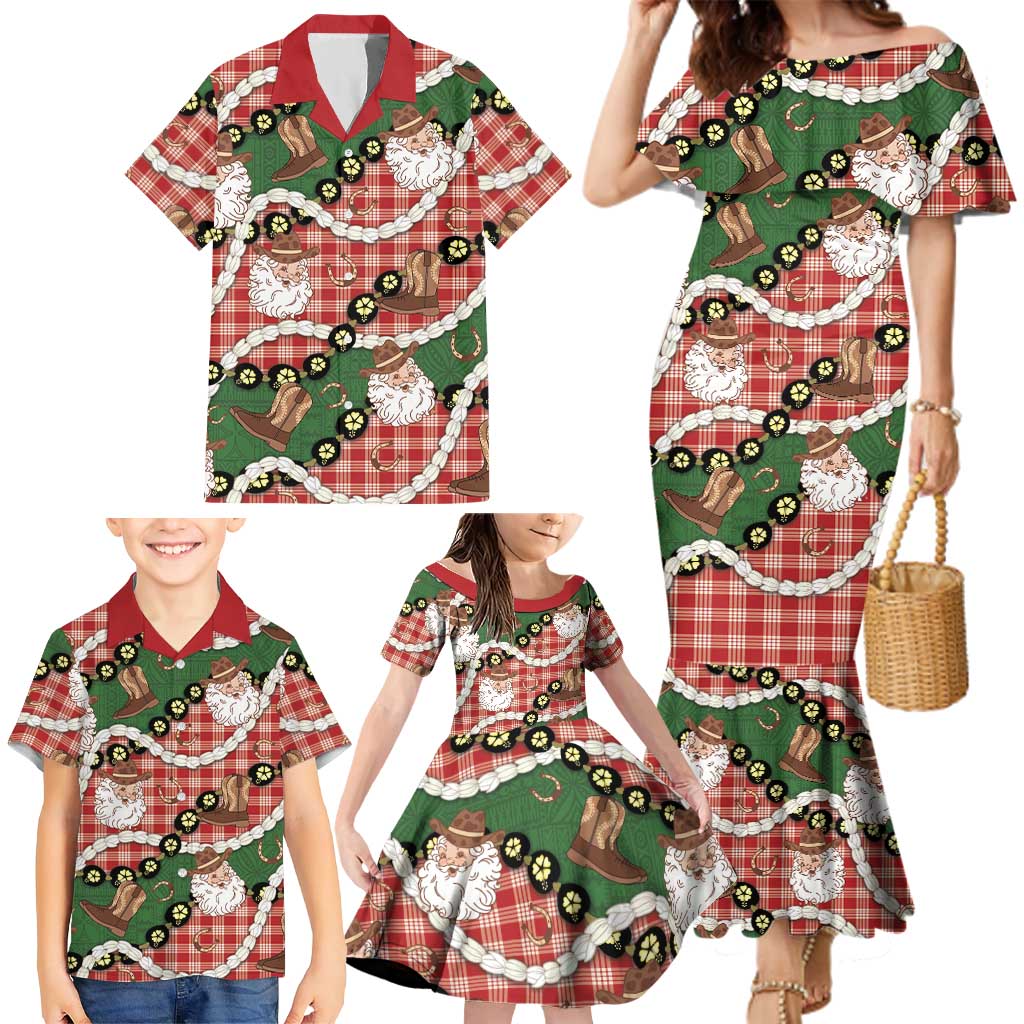 Cowboy Hawaii Mele Kalikimaka Family Matching Mermaid Dress and Hawaiian Shirt Paniolo Kukui Nut Pikake Lei Red Version - Polynesian Pride
