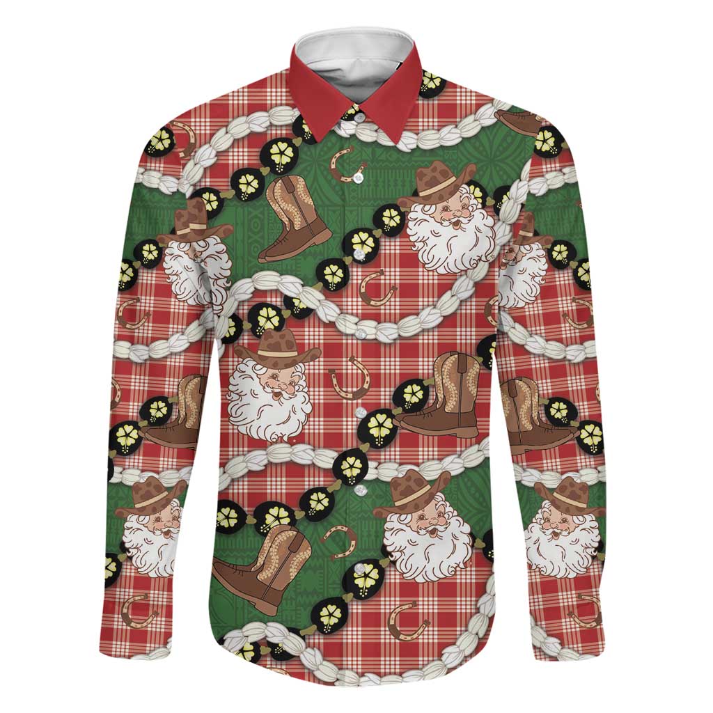 Cowboy Hawaii Mele Kalikimaka Family Matching Off The Shoulder Long Sleeve Dress and Hawaiian Shirt Paniolo Kukui Nut Pikake Lei Red Version LT14 Dad's Shirt - Long Sleeve Red - Polynesian Pride