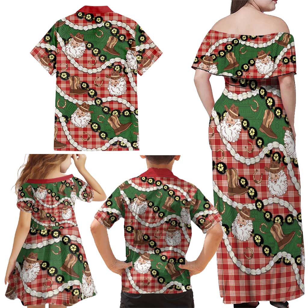 Cowboy Hawaii Mele Kalikimaka Family Matching Off Shoulder Maxi Dress and Hawaiian Shirt Paniolo Kukui Nut Pikake Lei Red Version LT14 - Polynesian Pride