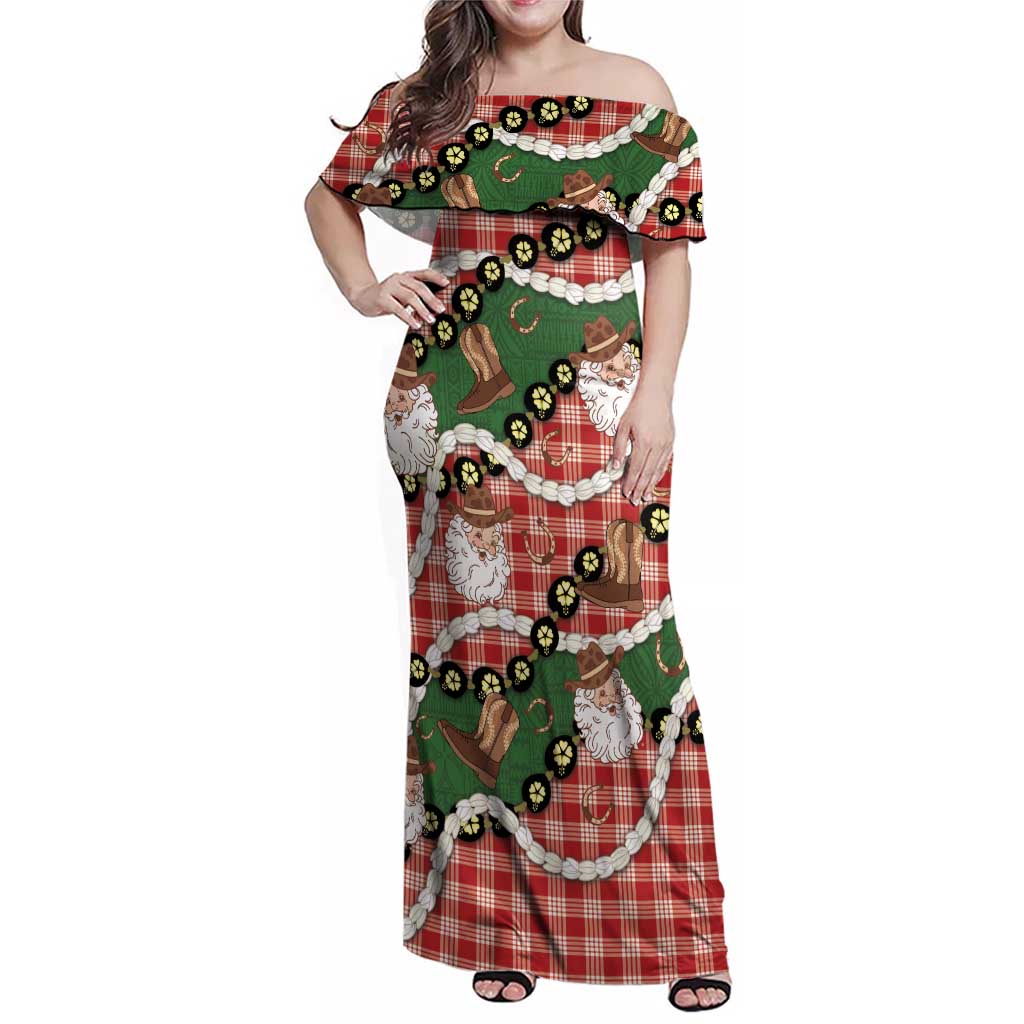 Cowboy Hawaii Mele Kalikimaka Family Matching Off Shoulder Maxi Dress and Hawaiian Shirt Paniolo Kukui Nut Pikake Lei Red Version LT14 Mom's Dress Red - Polynesian Pride
