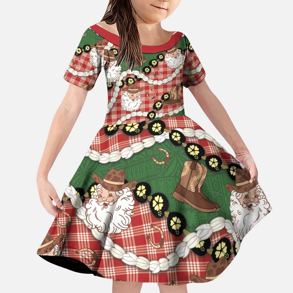 Cowboy Hawaii Mele Kalikimaka Family Matching Off Shoulder Short Dress and Hawaiian Shirt Paniolo Kukui Nut Pikake Lei Red Version LT14 Daughter's Dress Red - Polynesian Pride