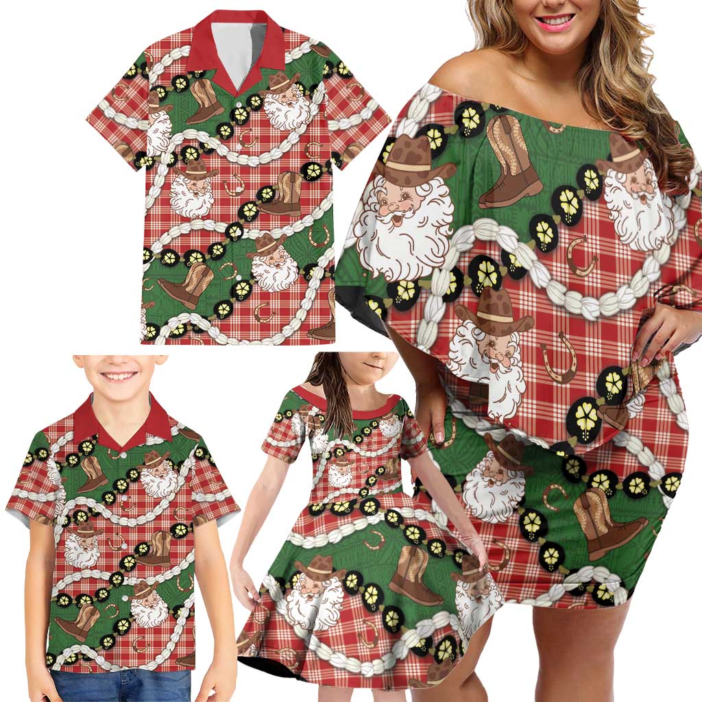 Cowboy Hawaii Mele Kalikimaka Family Matching Off Shoulder Short Dress and Hawaiian Shirt Paniolo Kukui Nut Pikake Lei Red Version LT14 - Polynesian Pride