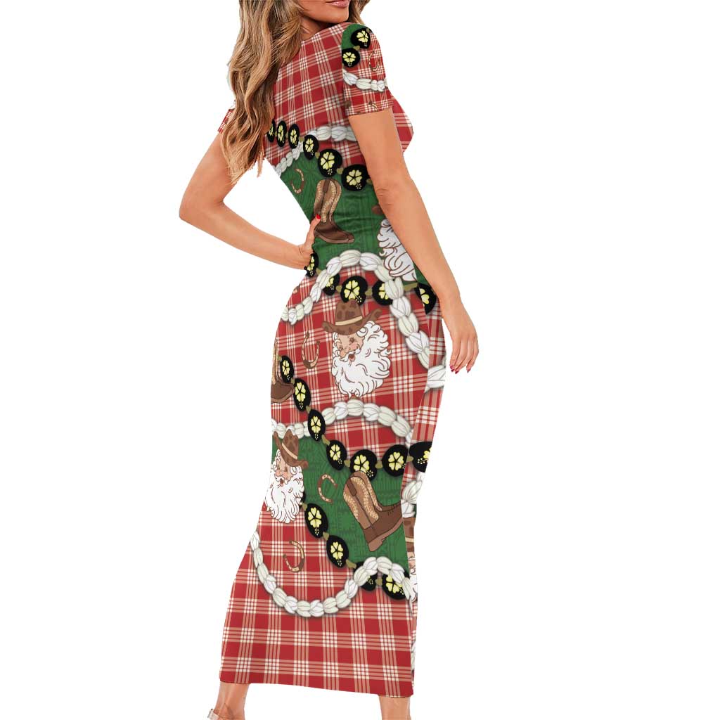 Cowboy Hawaii Mele Kalikimaka Family Matching Short Sleeve Bodycon Dress and Hawaiian Shirt Paniolo Kukui Nut Pikake Lei Red Version LT14 - Polynesian Pride