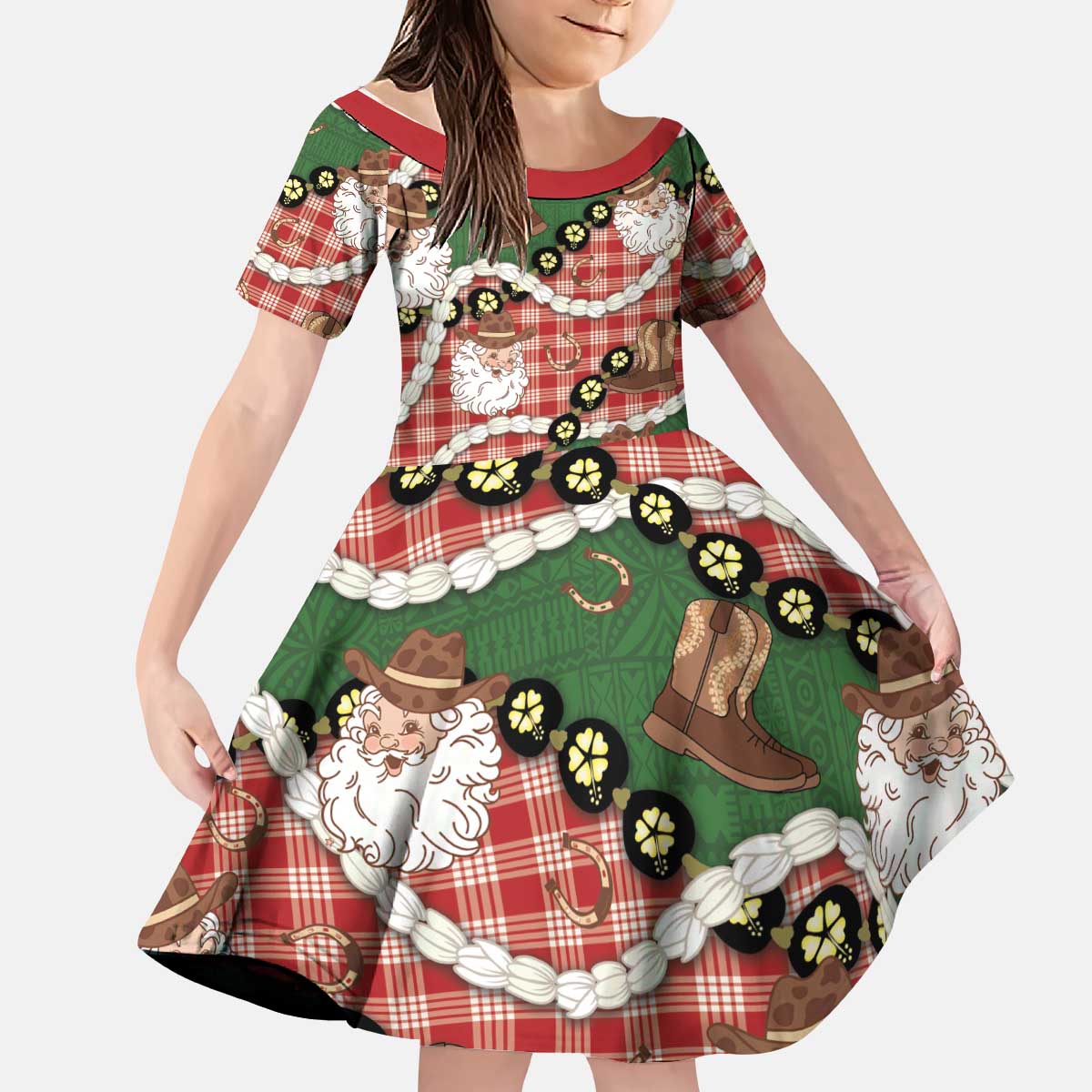 Cowboy Hawaii Mele Kalikimaka Kid Short Sleeve Dress Paniolo Kukui Nut Pikake Lei Red Version - Polynesian Pride