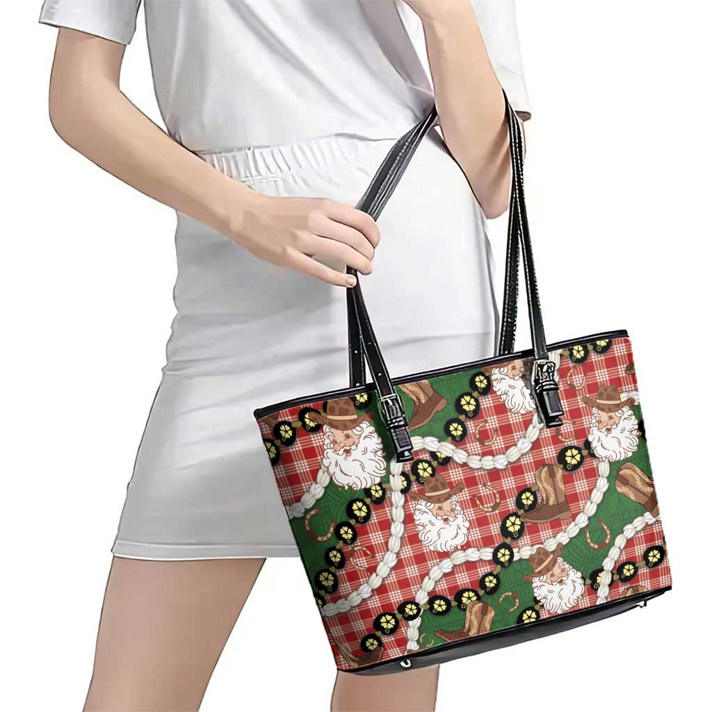 Cowboy Hawaii Mele Kalikimaka Leather Tote Bag Paniolo Kukui Nut Pikake Lei Red Version - Polynesian Pride