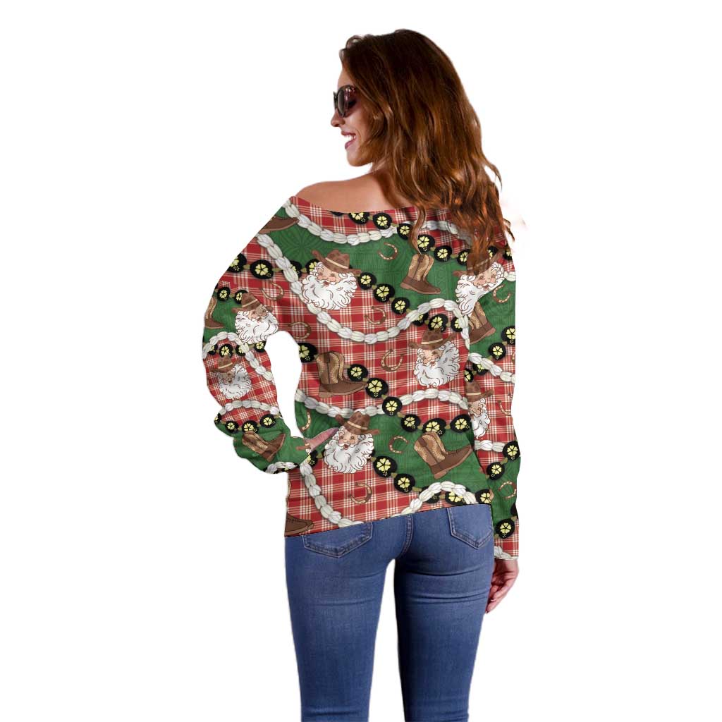 Cowboy Hawaii Mele Kalikimaka Off Shoulder Sweater Paniolo Kukui Nut Pikake Lei Red Version LT14 - Polynesian Pride