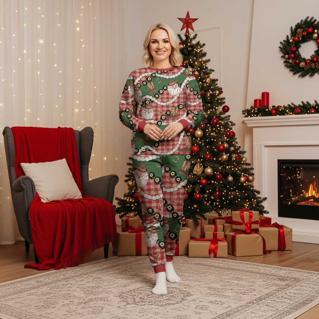 Cowboy Hawaii Mele Kalikimaka Christmas Pajama Set Paniolo Kukui Nut Pikake Lei Red Version - Polynesian Pride