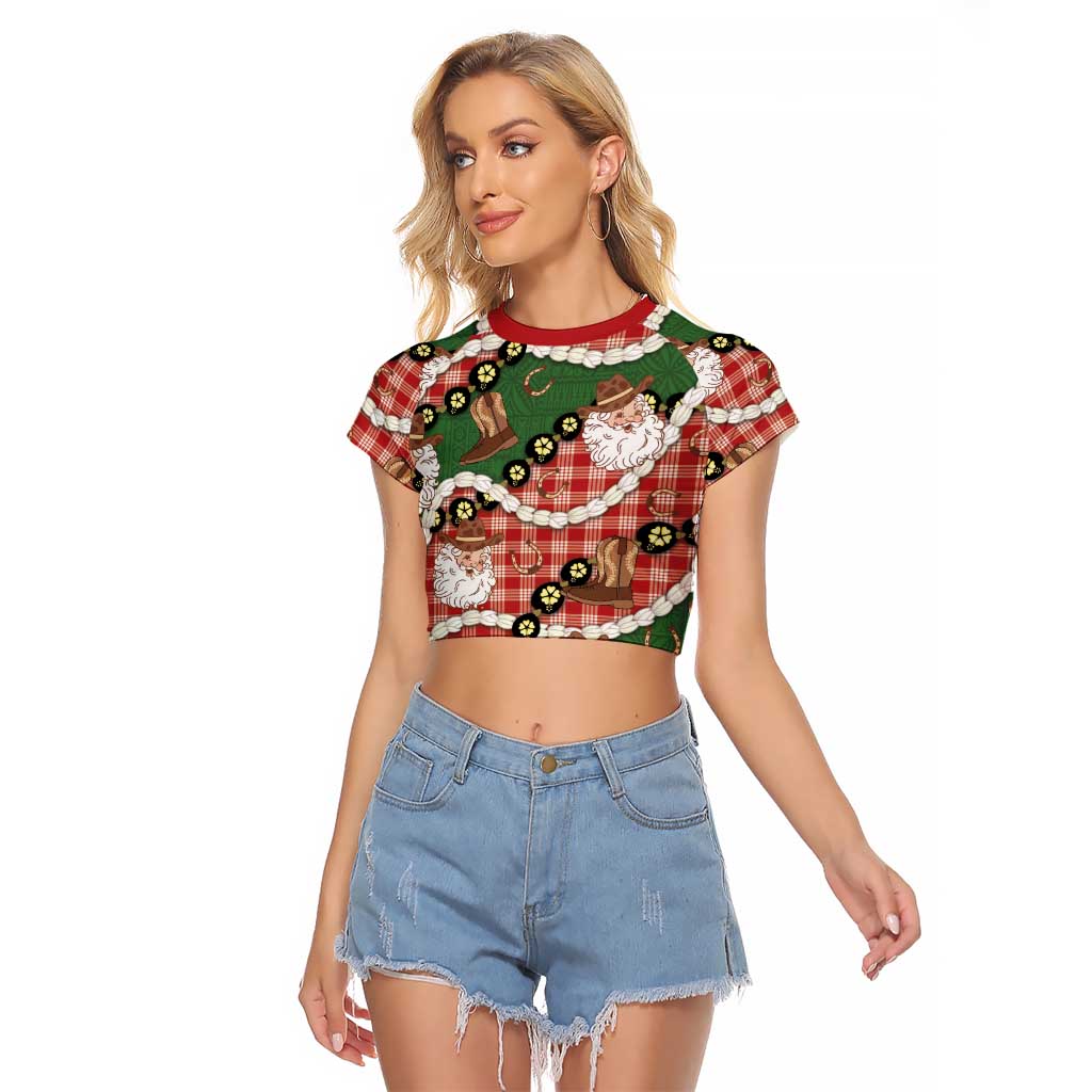 Cowboy Hawaii Mele Kalikimaka Raglan Cropped T Shirt Paniolo Kukui Nut Pikake Lei Red Version - Polynesian Pride