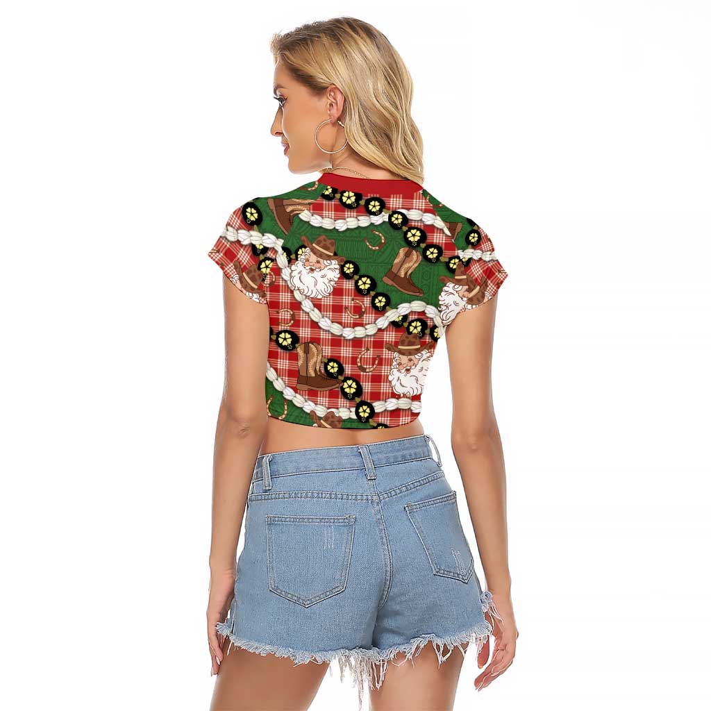 Cowboy Hawaii Mele Kalikimaka Raglan Cropped T Shirt Paniolo Kukui Nut Pikake Lei Red Version - Polynesian Pride