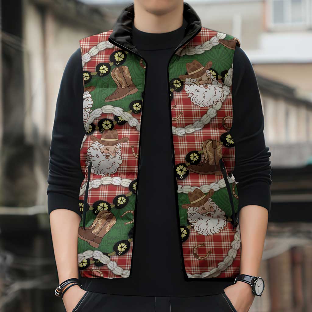 Cowboy Hawaii Mele Kalikimaka Sleeveless Puffer Jacket Paniolo Kukui Nut Pikake Lei Red Version - Polynesian Pride