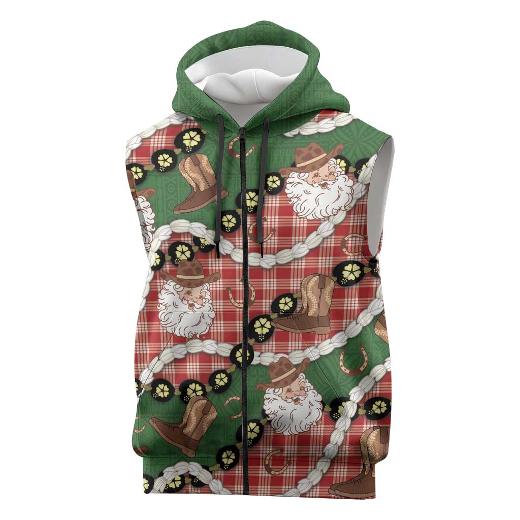 Cowboy Hawaii Mele Kalikimaka Sleeveless Zip Hoodie Paniolo Kukui Nut Pikake Lei Red Version - Polynesian Pride