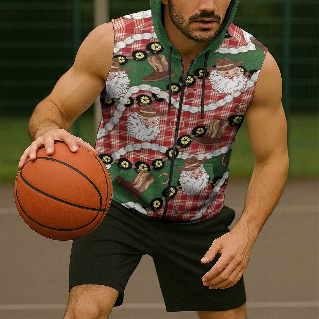 Cowboy Hawaii Mele Kalikimaka Sleeveless Zip Hoodie Paniolo Kukui Nut Pikake Lei Red Version - Polynesian Pride