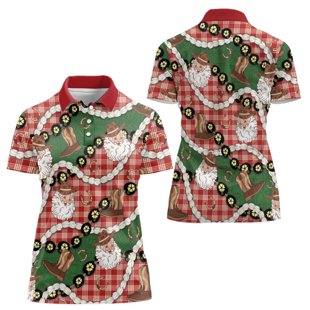 Cowboy Hawaii Mele Kalikimaka Women Polo Shirt Paniolo Kukui Nut Pikake Lei Red Version - Polynesian Pride