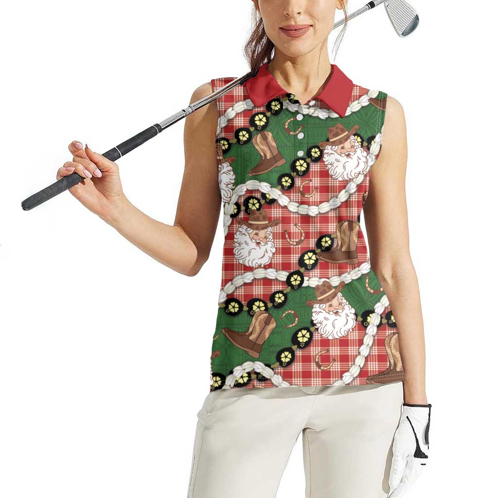 Cowboy Hawaii Mele Kalikimaka Women Sleeveless Polo Shirt Paniolo Kukui Nut Pikake Lei Red Version - Polynesian Pride
