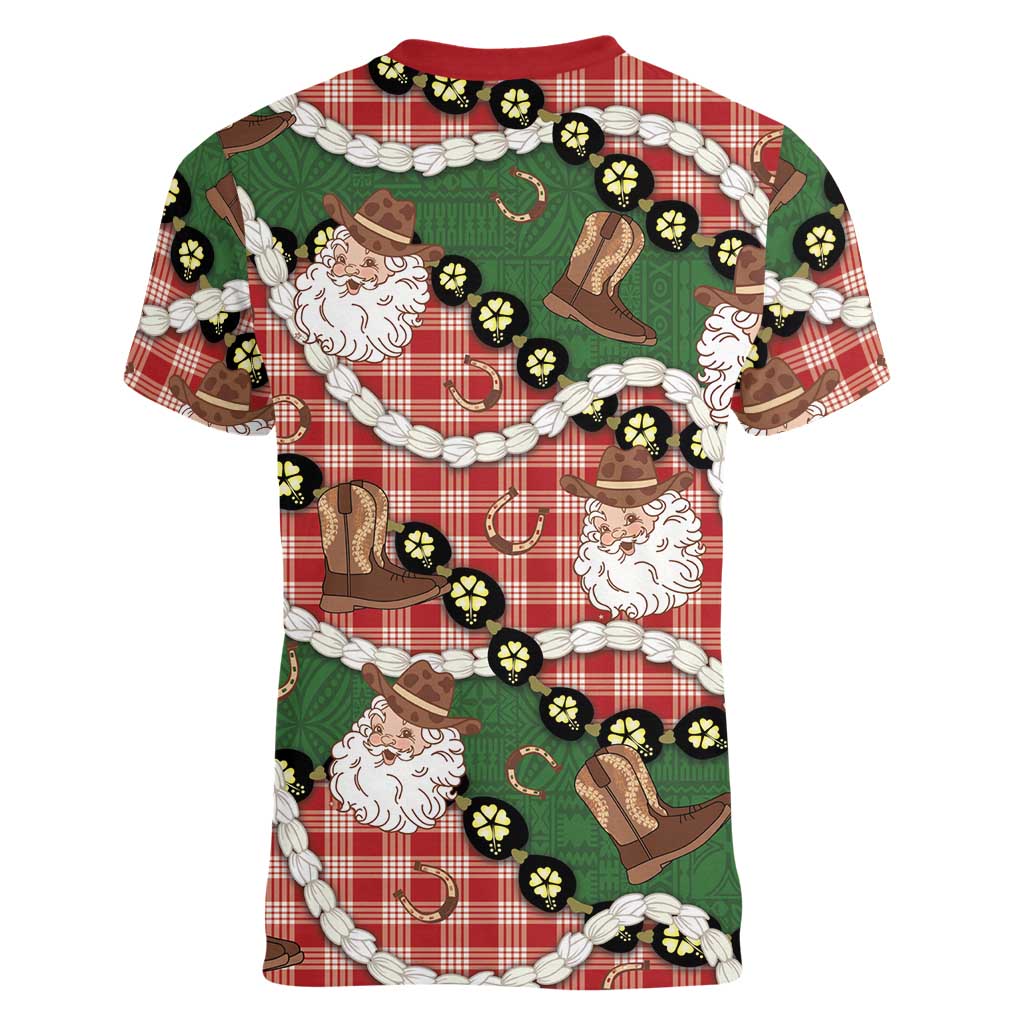 Cowboy Hawaii Mele Kalikimaka Women V-Neck T-Shirt Paniolo Kukui Nut Pikake Lei Red Version - Polynesian Pride