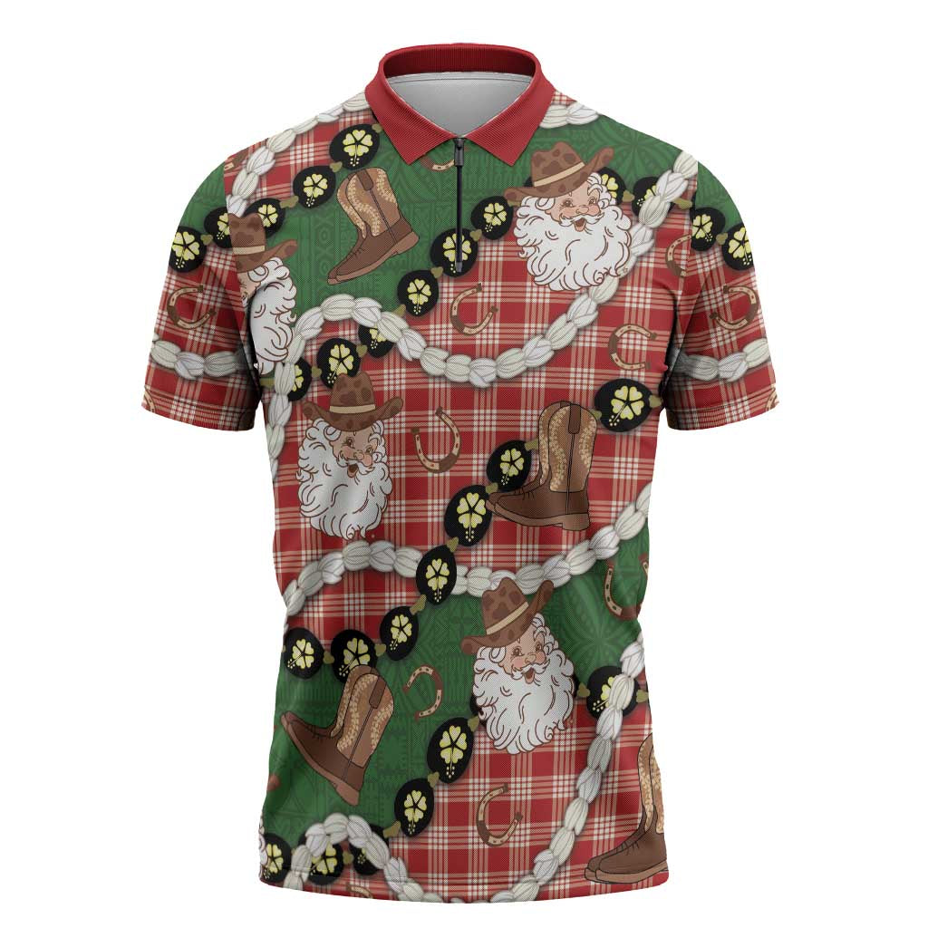 Cowboy Hawaii Mele Kalikimaka Zipper Polo Shirt Paniolo Kukui Nut Pikake Lei Red Version - Polynesian Pride