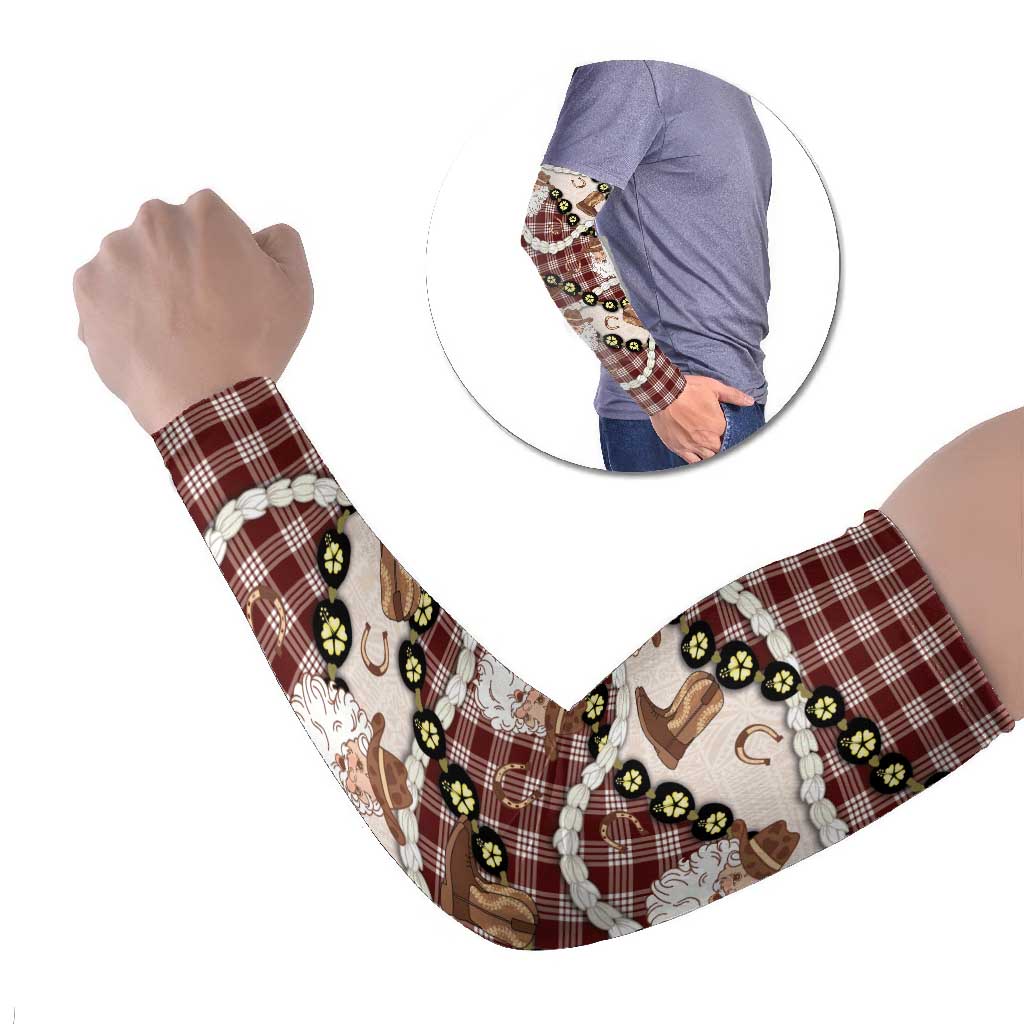 Cowboy Hawaii Mele Kalikimaka Arm Sleeves Paniolo Kukui Nut Pikake Lei Burgundy Version - Polynesian Pride