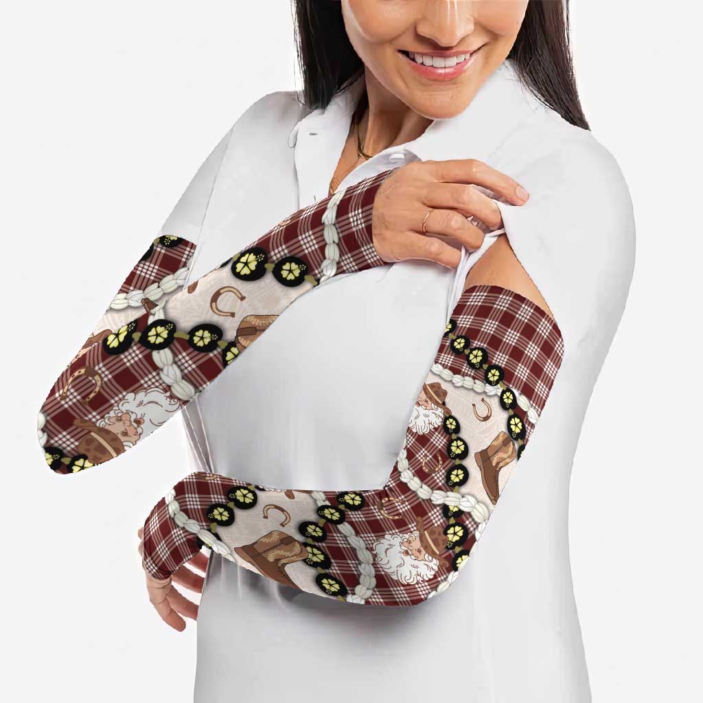 Cowboy Hawaii Mele Kalikimaka Arm Sleeves Paniolo Kukui Nut Pikake Lei Burgundy Version - Polynesian Pride