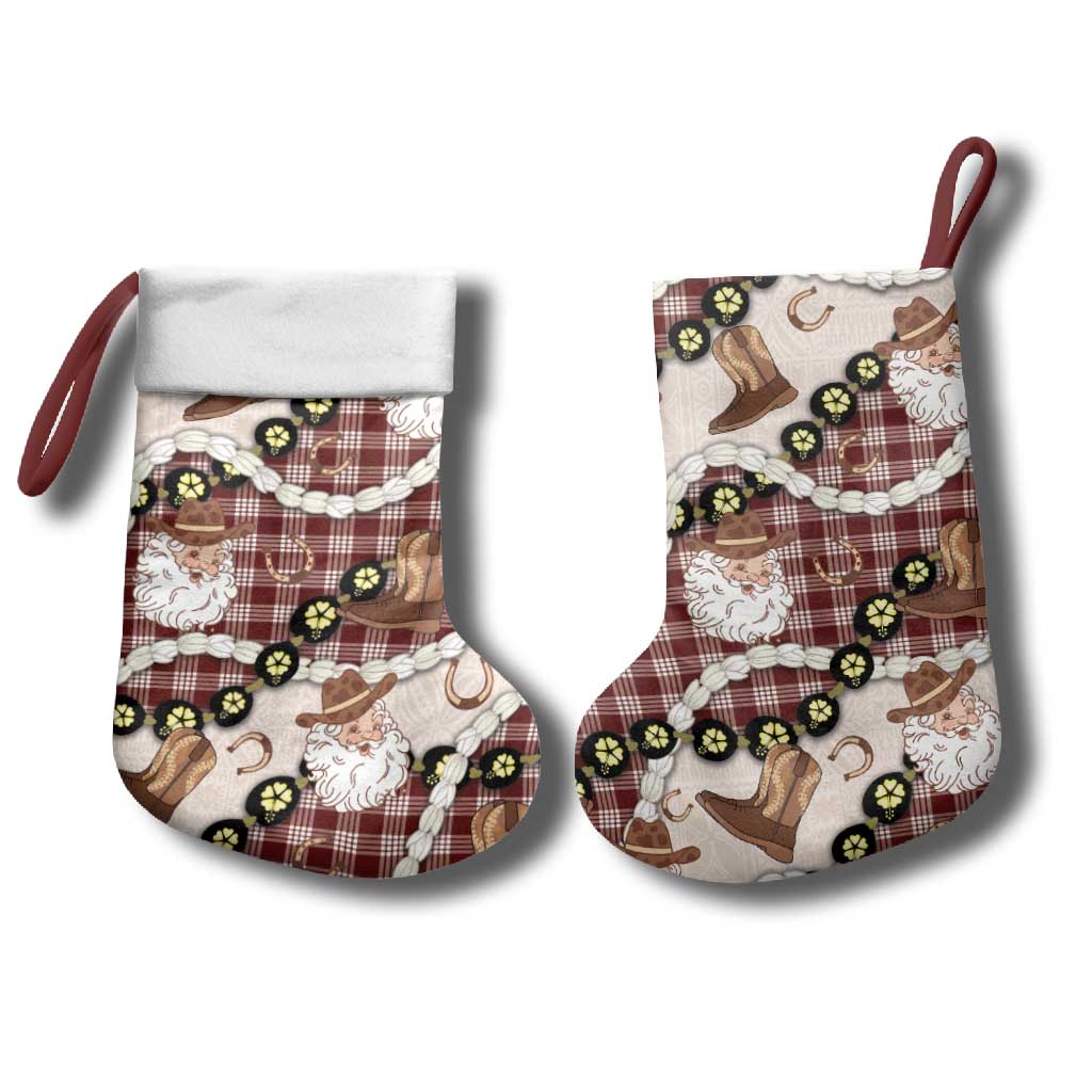 Cowboy Hawaii Mele Kalikimaka Christmas Stocking Paniolo Kukui Nut Pikake Lei Burgundy Version - Polynesian Pride