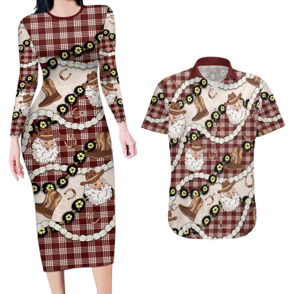 Cowboy Hawaii Mele Kalikimaka Couples Matching Long Sleeve Bodycon Dress and Hawaiian Shirt Paniolo Kukui Nut Pikake Lei Burgundy Version LT14 Burgundy - Polynesian Pride