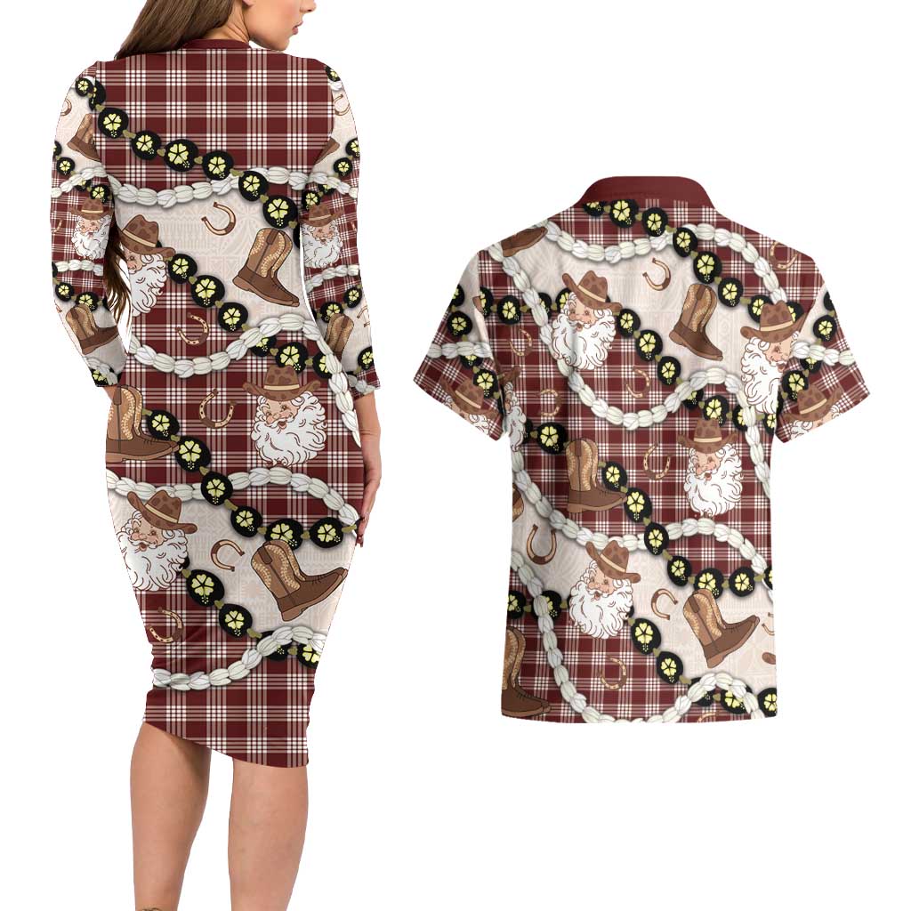 Cowboy Hawaii Mele Kalikimaka Couples Matching Long Sleeve Bodycon Dress and Hawaiian Shirt Paniolo Kukui Nut Pikake Lei Burgundy Version LT14 - Polynesian Pride