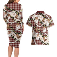Cowboy Hawaii Mele Kalikimaka Couples Matching Long Sleeve Bodycon Dress and Hawaiian Shirt Paniolo Kukui Nut Pikake Lei Burgundy Version LT14 - Polynesian Pride