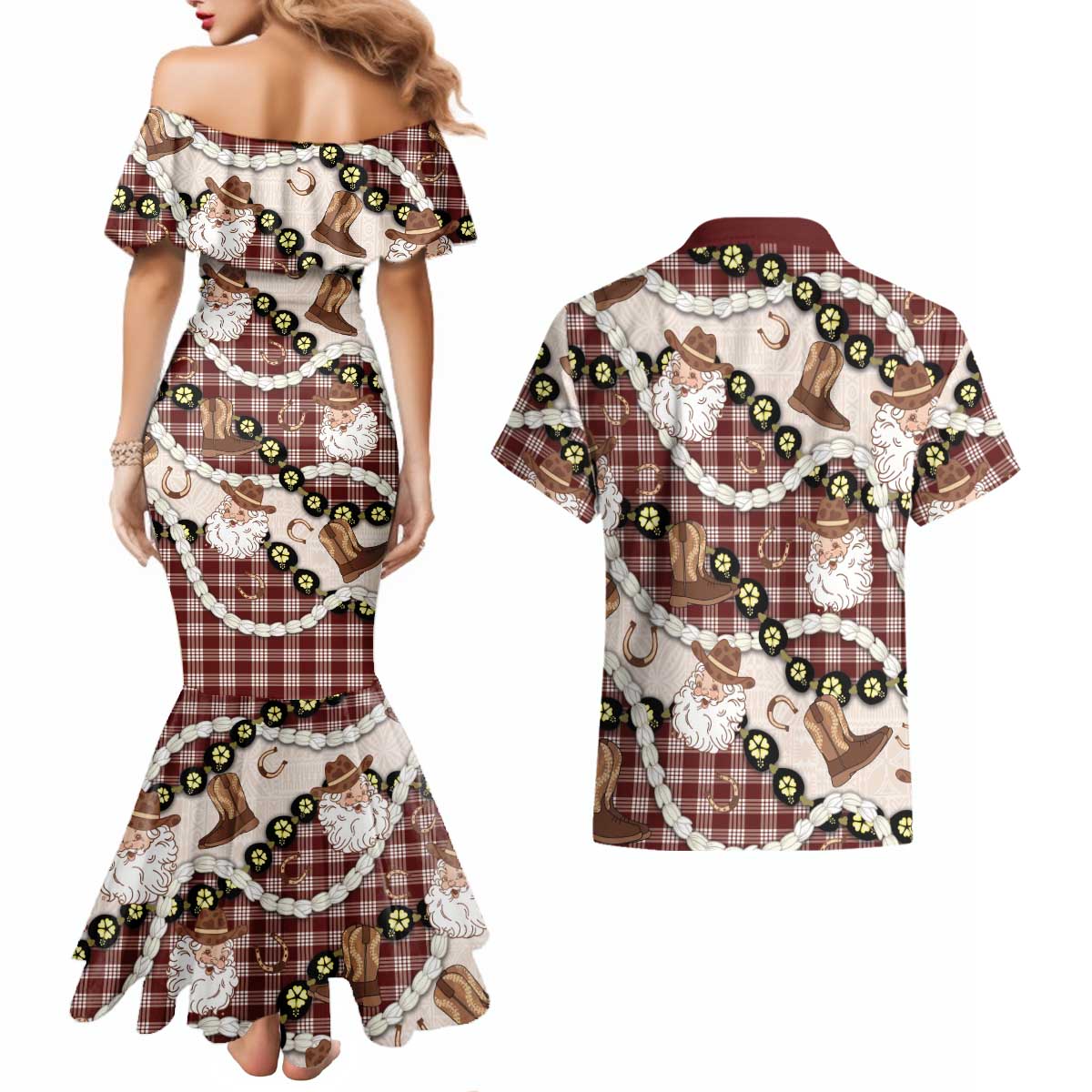 Cowboy Hawaii Mele Kalikimaka Couples Matching Mermaid Dress and Hawaiian Shirt Paniolo Kukui Nut Pikake Lei Burgundy Version LT14 - Polynesian Pride