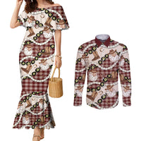 Cowboy Hawaii Mele Kalikimaka Couples Matching Mermaid Dress and Long Sleeve Button Shirt Paniolo Kukui Nut Pikake Lei Burgundy Version LT14 Burgundy - Polynesian Pride